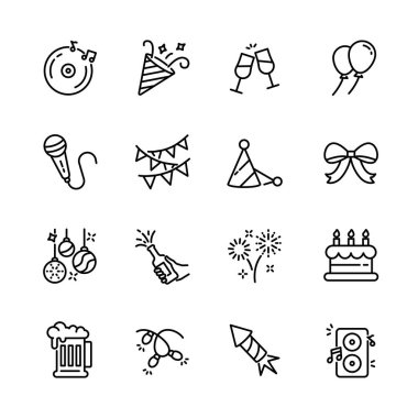 Noel, yeni yıl, mutlu kutlamalar, müzik, hediye, havai fişek, konfeti, yemek ve şarap gibi parti ikonları seti. izole vektör illüstrasyonu