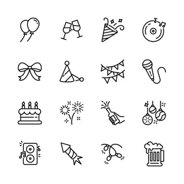 Noel, yeni yıl, mutlu kutlamalar, müzik, hediye, havai fişek, konfeti, yemek ve şarap gibi parti ikonları seti. izole vektör illüstrasyonu