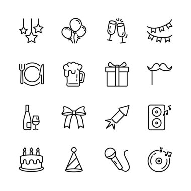 Noel, yeni yıl, mutlu kutlamalar, müzik, hediye, havai fişek, konfeti, yemek ve şarap gibi parti ikonları seti. izole vektör illüstrasyonu