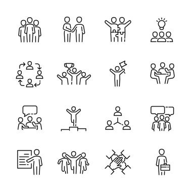 İş ekibi işi, İnsan Kaynakları, İşçi İşbirliği ikonları. vektör illüstrasyonu