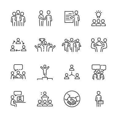 İş ekibi işi, İnsan Kaynakları, İşçi İşbirliği ikonları. vektör illüstrasyonu