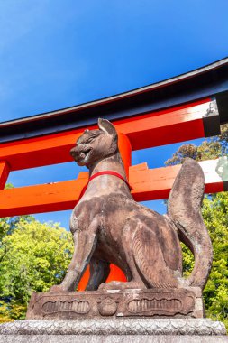 İnari tapınağındaki İnari Taisha tapınağındaki güzel kırmızı aslan heykeli, Kyoto.