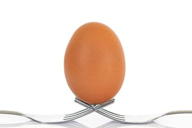Beyaz arka planda bir çatal ve yumurta
