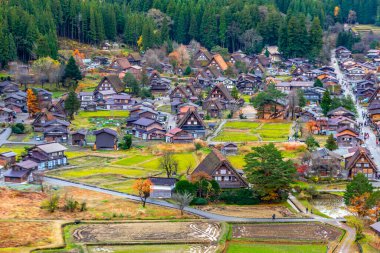 aerial shot from drone of shirakawago in japan