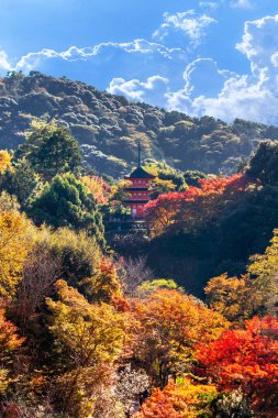 Kyoto Japonya 'daki Kiyomizu-dera tapınağındaki kırmızı pagoda.