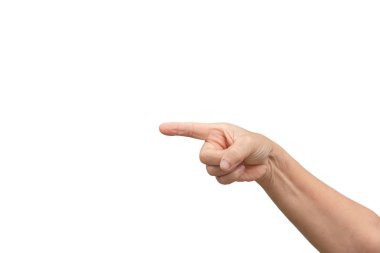 Beyaz arka planda sol eli gösteren kadın.