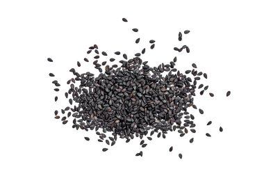 Beyaz arka plan üzerinde izole siyah susam tohumu. Üstten Görünüm