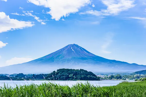 Akçaağaç yapraklı Fuji Dağı 'nın güzel manzarası ya da mavi gölün etrafındaki ağaç.
