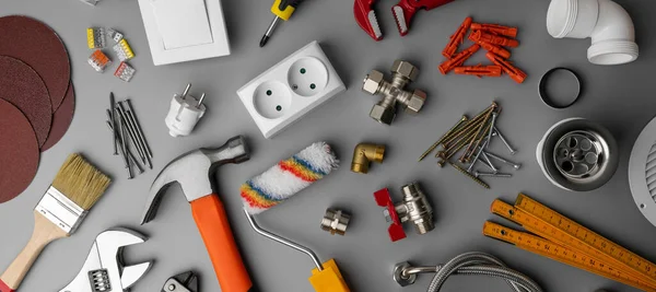 Huishoudelijke Hardware Store Tools Items Grijze Achtergrond Thuis Reparatie Spandoek — Stockfoto