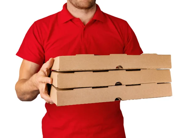 Курьер Красной Форме Коробками Пиццы Руках Изолированы Белом Фоне — стоковое фото
