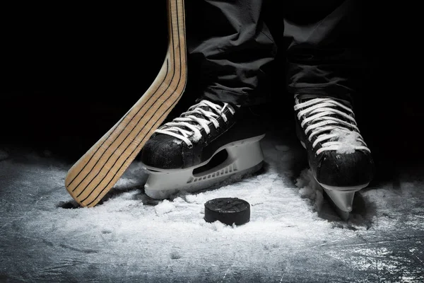 ice hockey. closeup of player skates with stick and puck