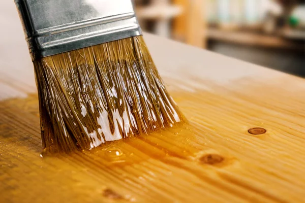 Applying Varnish Wooden Board Paint Brush Furniture Coating Protection — Stock Photo, Image
