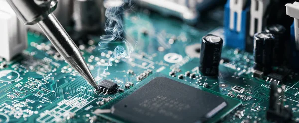 Soldering Iron Solder Computer Chip Circuit Board Banner Copy Space — Stockfoto