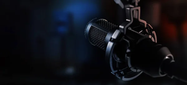 Podcast Sound Recording Microphone Home Studio Neon Lights Banner Copy — Stok fotoğraf