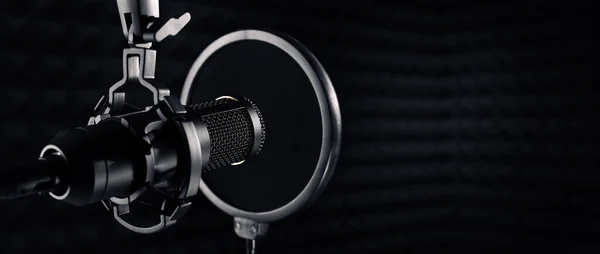 Мікрофон Студії Звукозапису Темного Звуку Банер Копіювальним Простором — стокове фото