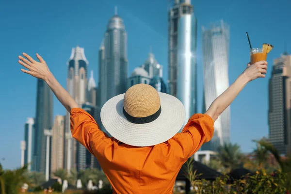 Uae Vacations Woman Standing Hands Raised Dubai City Skyscrapers — Stock Fotó