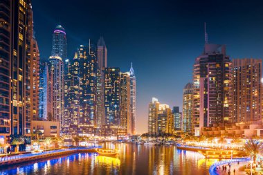 modern architecture of Dubai marina at night. Unites Arab Emirates