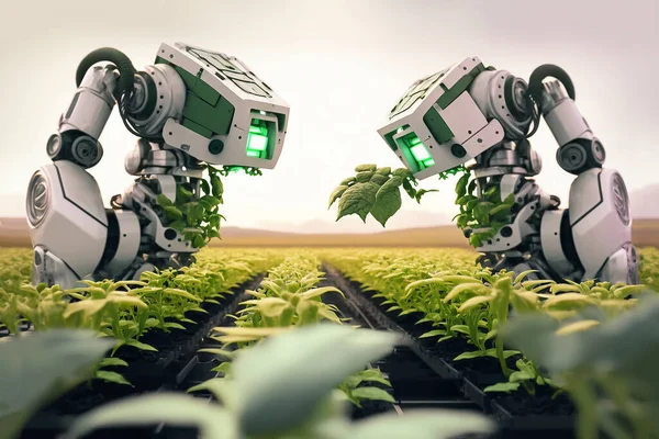 robots working on agricultural field. smart farming, farm automation