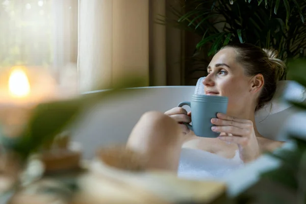 Woman Relaxing Bath Drink Coffee Home Bathroom Looking Out Window — Stock Photo, Image