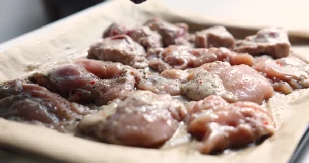 Fűszerek Megszórása Nyers Csirkehúsra Sütés Előtt Sütőben — Stock videók