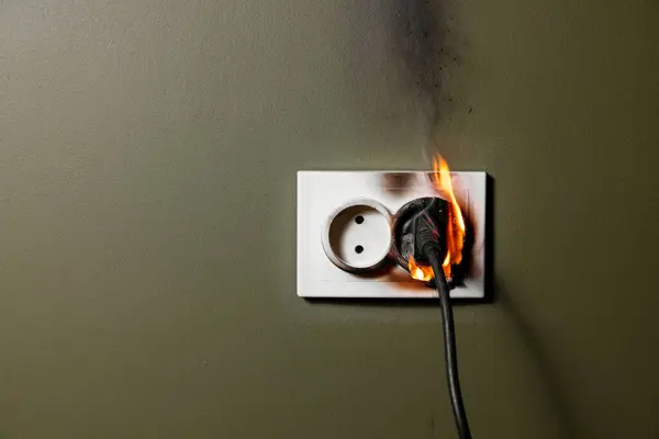 家の短絡からの接続された電気ケーブルが付いている壁の電気ソケットを燃やすこと 自宅での火災の安全性と電力の過負荷の概念 ストック写真