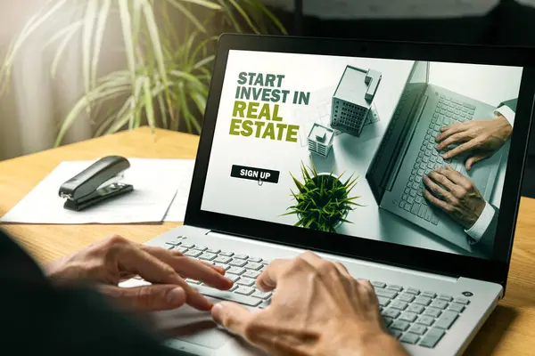 Man Using Laptop Start Invest Online Real Estate Crowdfunding Platform Stock Kép