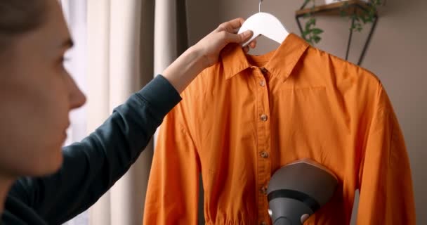 自宅で電気服のスチーマーとアイロン掛けドレス — ストック動画