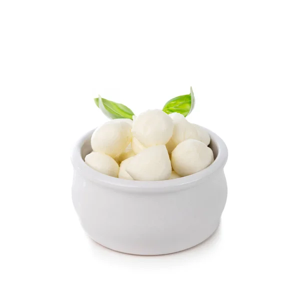 Mini Mozzarella Cheese Balls Small Bowl Basil Isolated White Background Stock Image