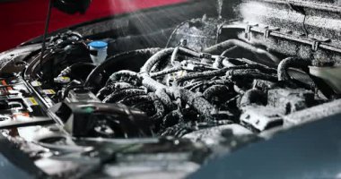 Motor yıkama. Motor bölmesinde aktif köpük püskürtülüyor.