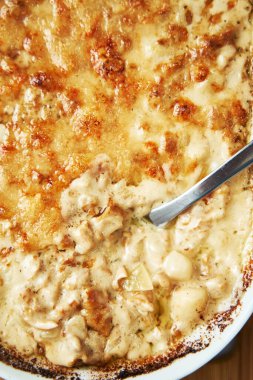 Scallops baked under creamy sauce. High quality photo