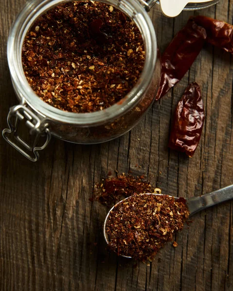 Roasted Dry Chili Pepper Powder Jar Dried Chilli Background Top — Stockfoto