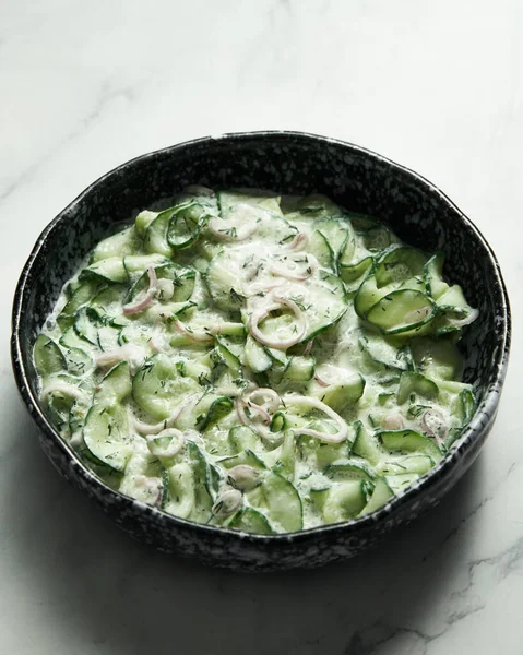 Cucumber Sour Cream Salad Dill Sour Cream Sauce Lemon Zest — Stok fotoğraf