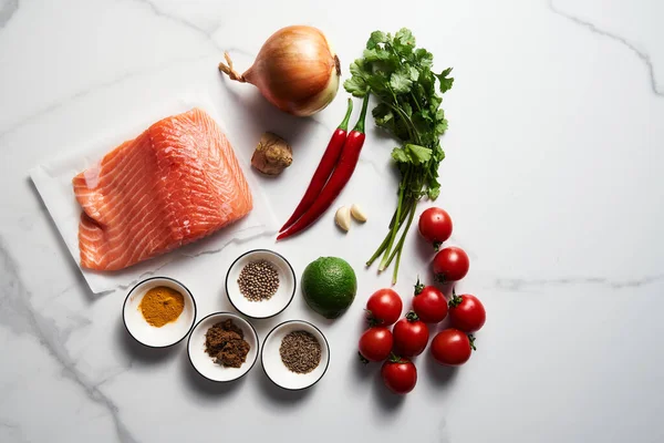 Indian Salmon Curry Ingredients White Marble Background Salmon Fillet Spices — Stock Photo, Image