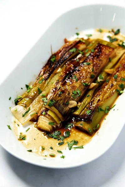 Leeks Fried Poached Wine Butter Sprinkled Finely Chopped Parsley Perfect — Stockfoto