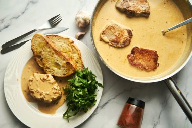 Pork paprikash with onion, butter and garlic. Sauce made from high fat sour cream with chicken stock, flour and paprika. High quality photo