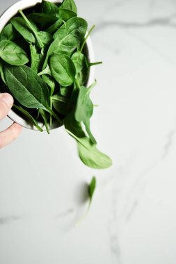Beyaz mermer arka planda paslanmaz çelik kaseden taze ıspanak yaprakları düşüyor. Yüksek kalite fotoğraf