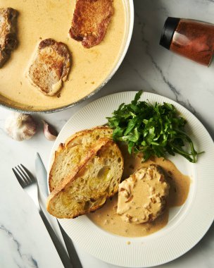 Pork paprikash with onion, butter and garlic. Sauce made from high fat sour cream with chicken stock, flour and paprika. High quality photo