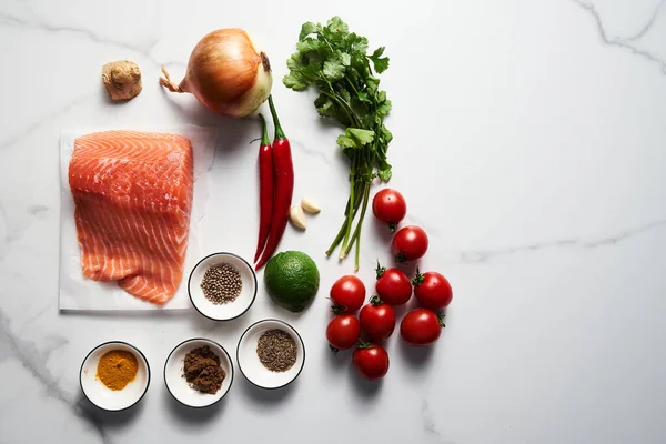 Indian Salmon Curry Ingredients White Marble Background Salmon Fillet Spices — Stock Photo, Image
