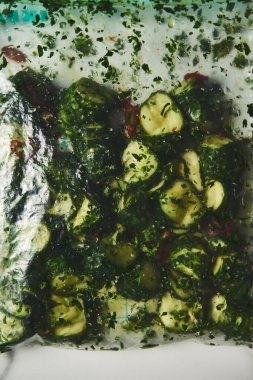 Hafif tuzlu salatalık ya da çantada hazır salatalık turşusu. Kişniş, acı biber ve tuzlu ve şekerli sarımsak. Turşular çıtır çıtır, sulu ve lezzetli. Yüksek kalite fotoğraf