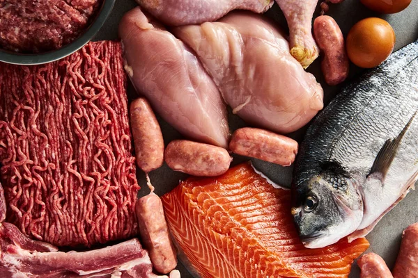 Fleischfresser Diät Oder Low Carb Diät Hintergrundkonzept Rohe Tierische Fleischprodukte lizenzfreie Stockfotos