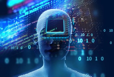 Yapay zeka robotunun kavramsal arka planı, 3 boyutlu çizim