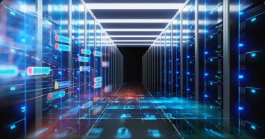 Telekomünikasyon donanımları, büyük veri depolama ve bulut bilgisayar teknolojisi kavramı tam veri merkezindeki sunucu odası 3D çizimi