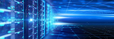 Telekomünikasyon ekipmanlarıyla dolu veri merkezindeki sunucu odasının 3 boyutlu illüstrasyon pankartı, büyük veri depolama kavramı ve bulut sunucu teknolojisi