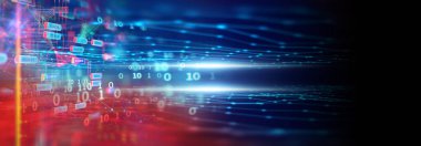 Yazılım geliştiricisi ve Bilgisayar betiği pankartı 3d illüstrasyonunun kod soyut teknoloji arka planı programlanıyor
