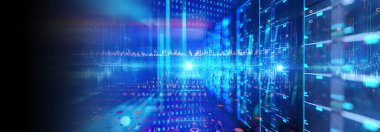 Telekomünikasyon ekipmanlarıyla dolu veri merkezindeki sunucu odasının 3 boyutlu illüstrasyon pankartı, büyük veri depolama kavramı ve bulut sunucu teknolojisi