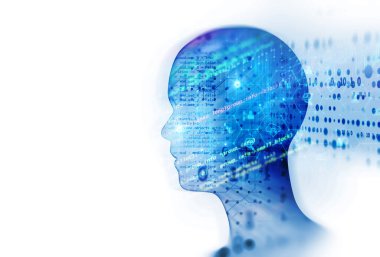 Yapay zekanın kavramsal geçmişi, insanlar ve siber iş programlama teknolojisi unsuru, 3D illüstrasyon