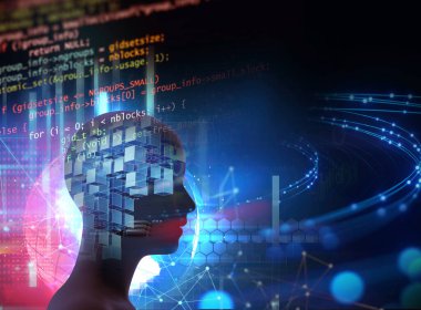 Yapay zeka robotunun kavramsal arka planı, 3 boyutlu çizim