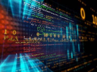 Yazılım geliştiricisi ve Bilgisayar betiği 3d illüstrasyonunun kod soyut teknoloji arka planı programlanıyor