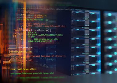 Koridor sunucu rafları merkezlerinde ile sunucu odası. 3D hasta