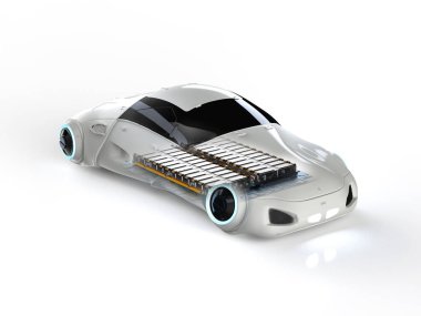 Platform üzerinde pil hücre modülü bulunan 3D elektrikli araba aküsü oluşturuluyor